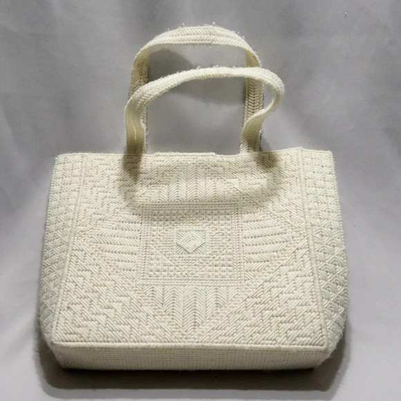 Vintage Needlepoint Plastic Canvas Tote Bag Ivory - Picture 5 of 10